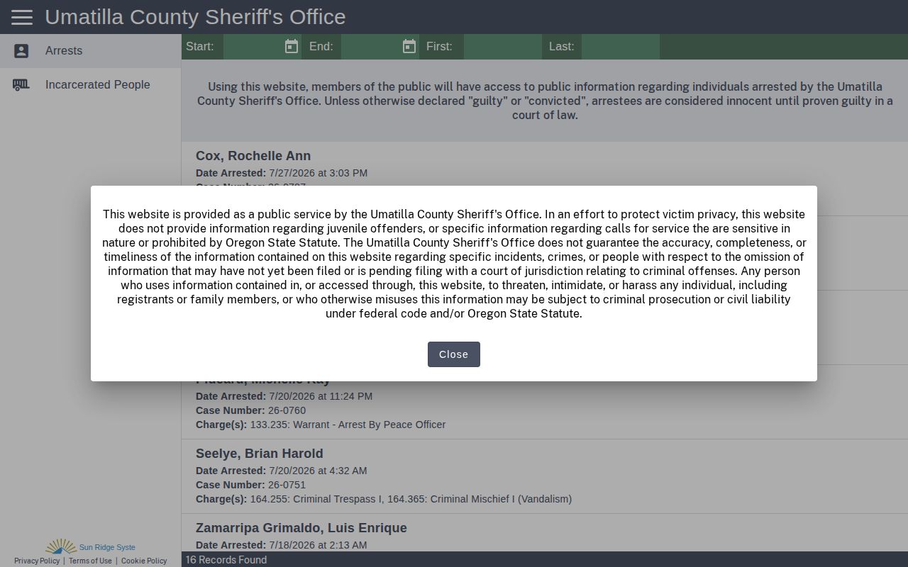 Morrow County current custody activity used in a 72-hour release review