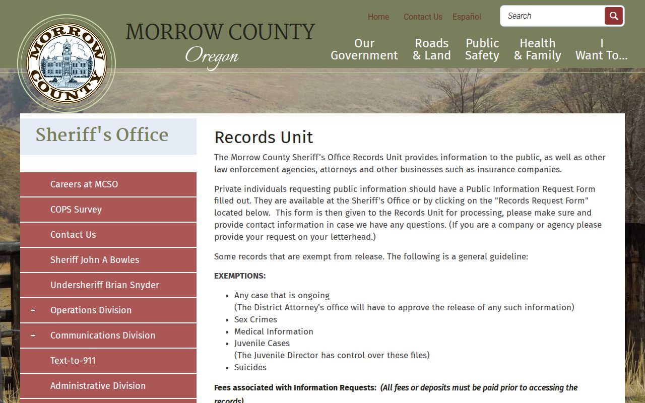 Morrow County released inmate records request channels and fees
