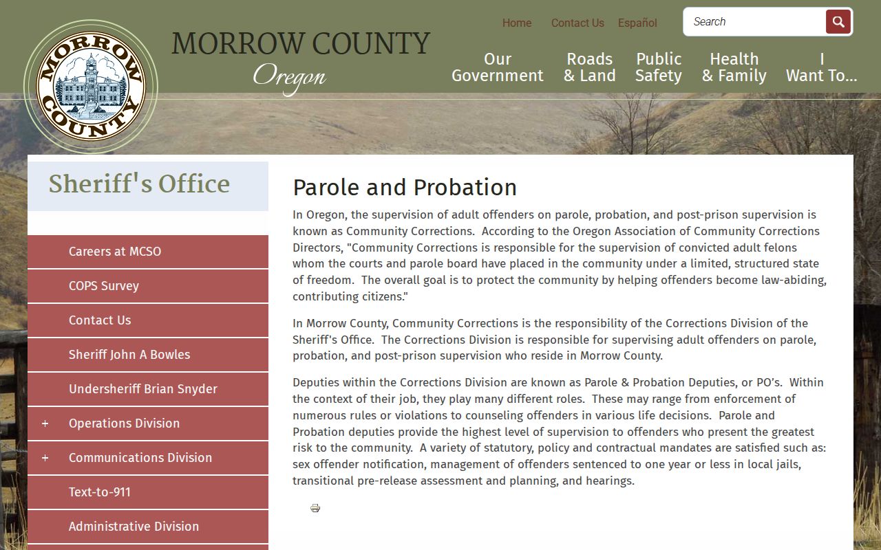 Morrow County post-release supervision office information